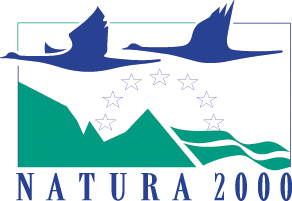 Natura 2000 logo linnud lendamas mägede kohal