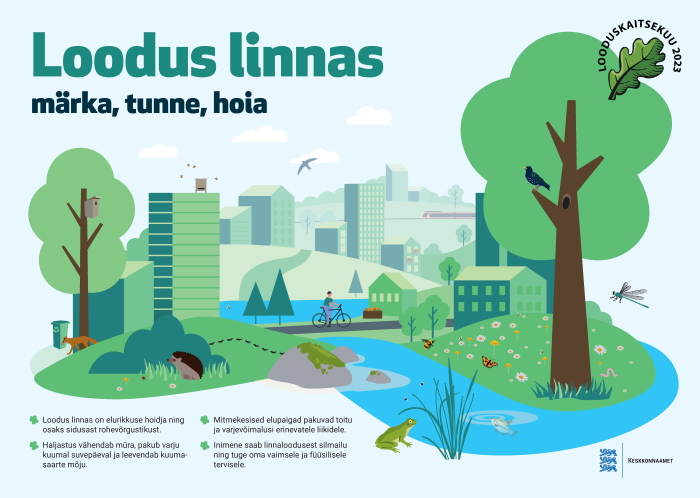 Looduskaitsekuu plakat loodus linnas lepatriinu, kuldnoka, siili, konna, kimalase ja teistega