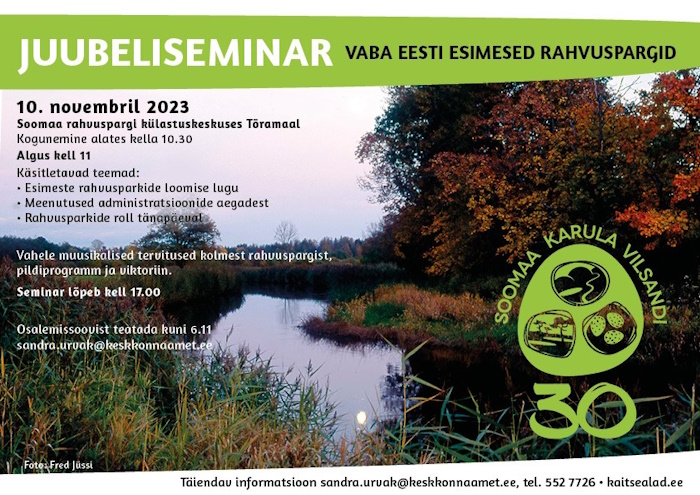 Soomaa, Karula ja Vilsandi rahvuspargi juubeliseminari plakat.