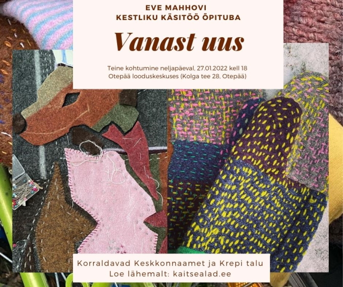 värvilistest villastest lappidest esemed. Plakatil pealkiri "Vanast uus" toimumisajaga 27.01.2022