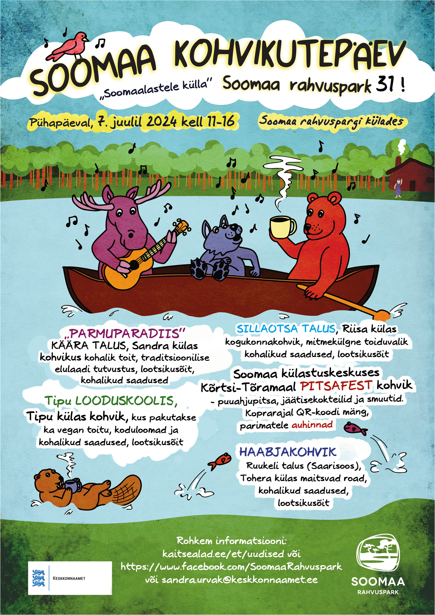 Pildil on Soomaa kohvikutepäeva plakat "Soomaalasele külla". Sündmus toimub 7.juulil 2024 kell 11-16, Soomaa rahvuspargi külades.