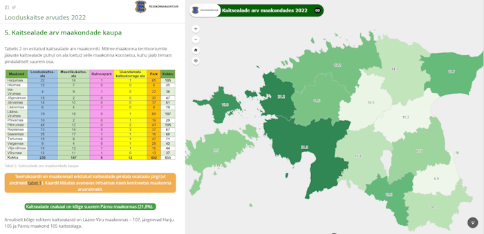 Eesti kaart, millel maakondade kaupa märgitud, mitu protsenti maakonnas on kaitsealadega kaetud.