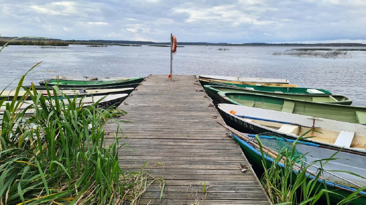 sügisene vaade Endla paadisillalt järvele, silla külge on kinnitatud 10 aerupaati