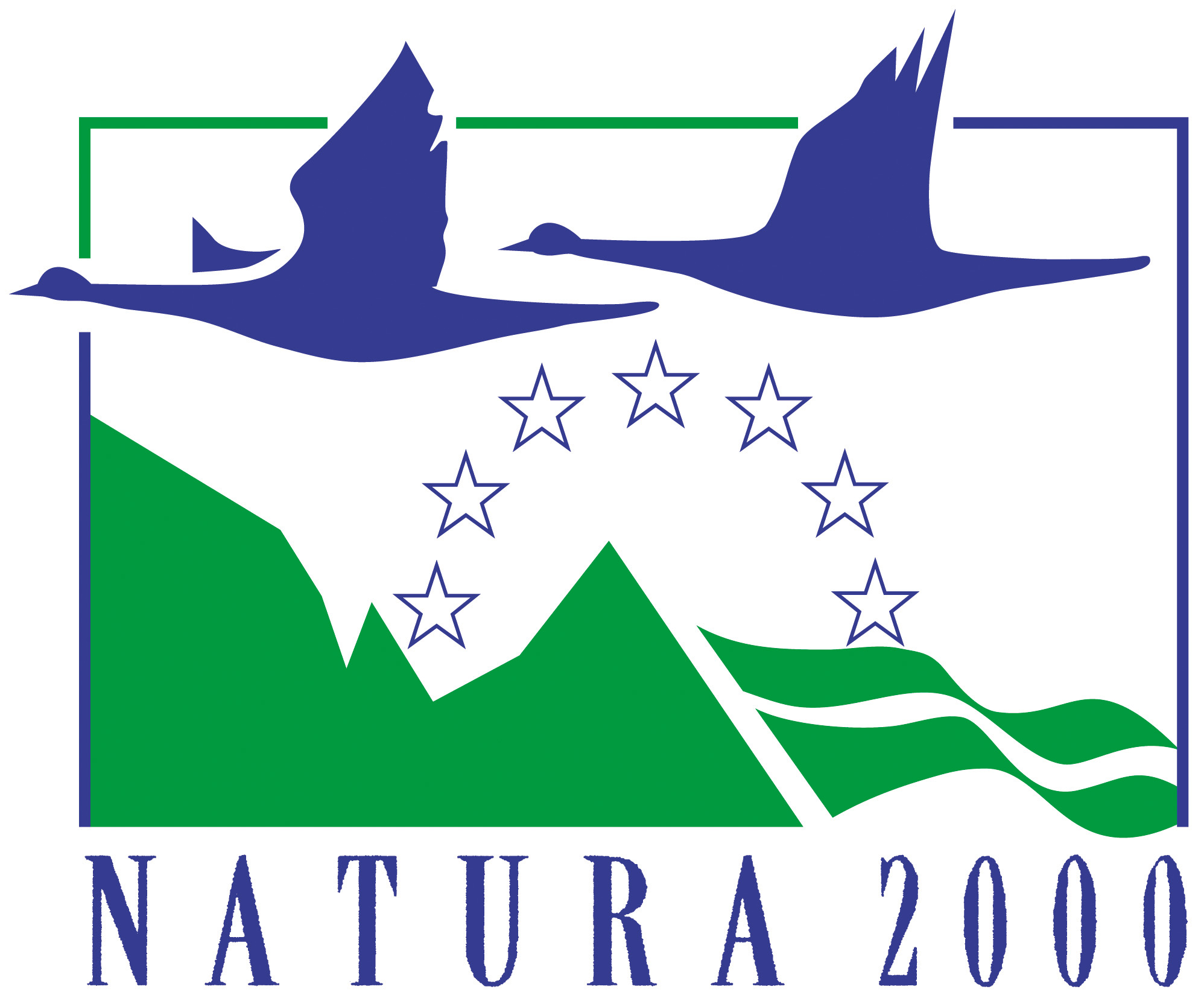 Purple birds flying, wings up, east to west. Green mountain peaks can be seen below them. In the middle of the logo, transparent and gray colored European Union stars in a semicircle. Natura 2000 is written in block letters below