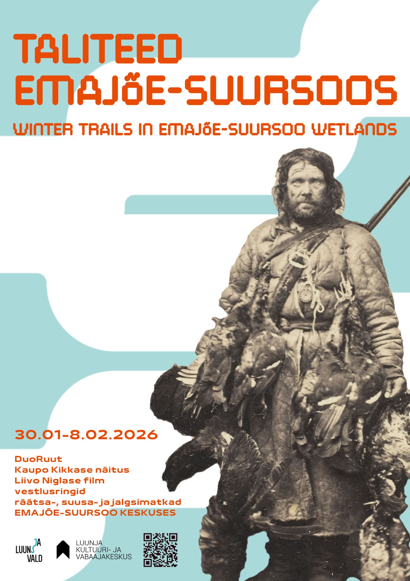 mees seisab, kasukas seljas, püss üle õla, mahalastud metsised rinnal rippumas